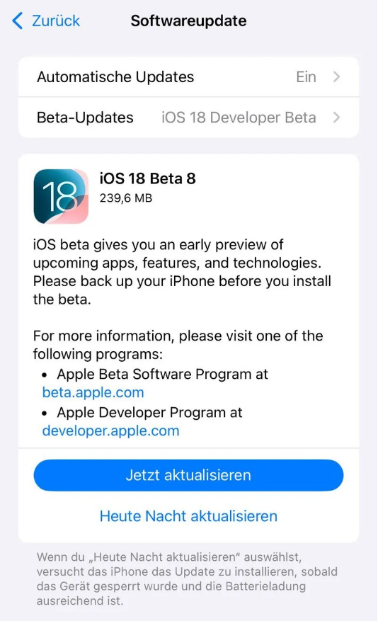 番禺苹果手机维修分享苹果 iOS / iPadOS 18 开发者预览版 Beta 8 发布 